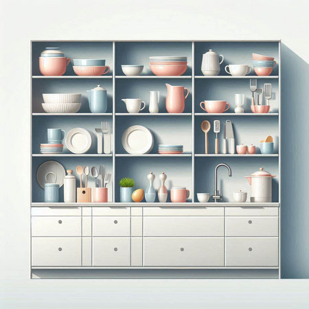 Kitchen shelves with dishes and utensils. Vector illustration.のイラスト素材