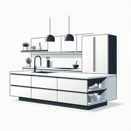 Illustration of a modern kitchen with a cupboard and a built-in sinkのイラスト素材