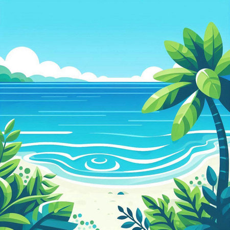 Tropical background with palm trees and sea. Vector illustration.のイラスト素材
