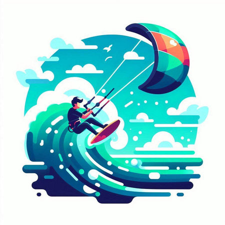 Kite surfing vector illustration. Man on kiteboard in the sea.のイラスト素材