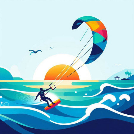 Kitesurfing in the sea. Vector illustration in flat styleのイラスト素材