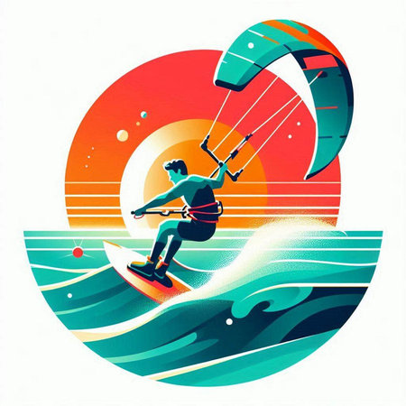 Kitesurfer riding on the waves in the sea. Vector illustrationのイラスト素材