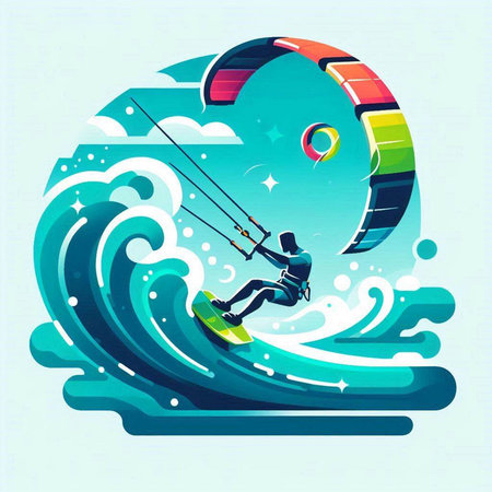 Kitesurfer rides on the waves. Vector illustration. Eps 10のイラスト素材