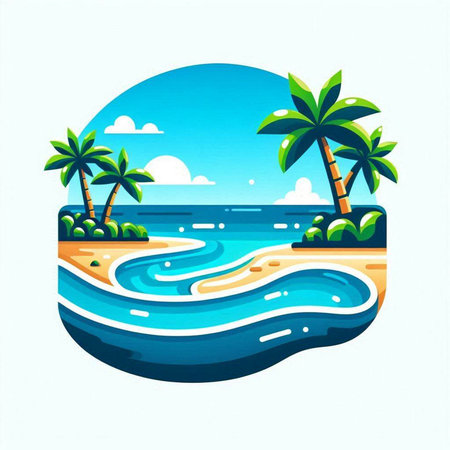 Tropical beach with palm trees. Vector illustration in flat styleのイラスト素材