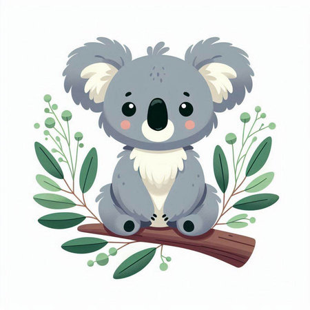 Cute koala with eucalyptus leaves. Vector illustration.のイラスト素材