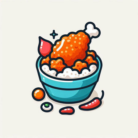 Illustration of rice bowl with chicken and chilli. Vector illustration.のイラスト素材