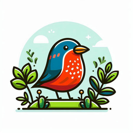 Vector illustration of a cute little bird in the garden. Cartoon style.のイラスト素材