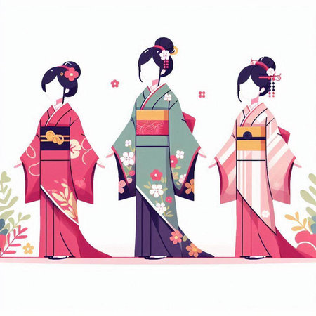 Vector illustration of Japanese girls in traditional kimono with flowers.のイラスト素材
