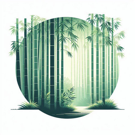 Bamboo forest background with green leaves and water, vector illustration.のイラスト素材
