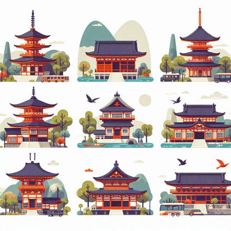 Set of different chinese temples and pagodas. Vector illustrationのイラスト素材