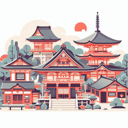 Korean traditional houses and temples. Vector illustration in retro style.のイラスト素材