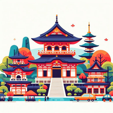 Colorful chinese temple in flat style. Vector Illustration.のイラスト素材