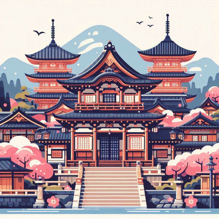 Traditional japanese architecture. Vector illustration in flat cartoon style.のイラスト素材