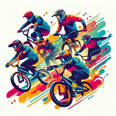 Bicyclist racing on colorful abstract background. Vector illustration.のイラスト素材