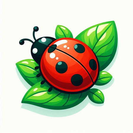 Cute cartoon ladybug with green leaves isolated on white background.のイラスト素材