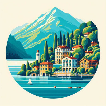 Lake Como, Italy. Landscape in vintage style. Vector illustration.のイラスト素材