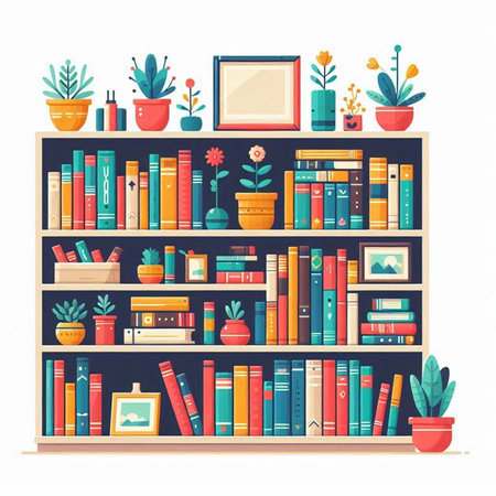 Bookshelf with books and plants. Vector illustration in flat styleのイラスト素材