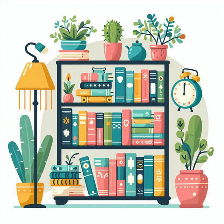 Bookshelf with books and plants. Flat style vector illustration.のイラスト素材