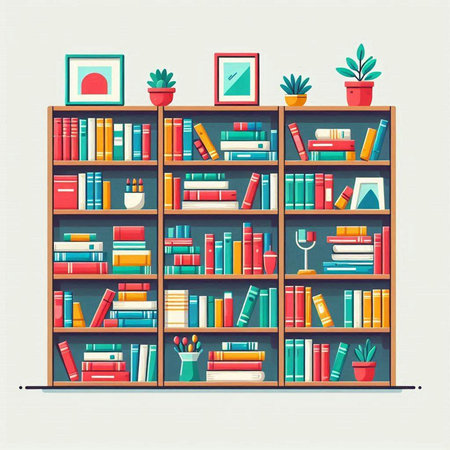 Bookshelf with books and potted plants. Vector illustration.のイラスト素材