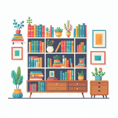 Bookshelf with books and plants. Vector illustration in flat styleのイラスト素材
