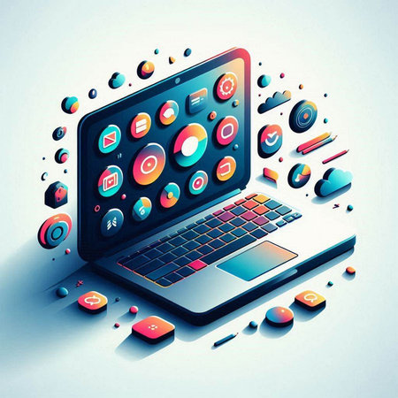 Laptop with colorful icons on a white background. Vector illustration.のイラスト素材