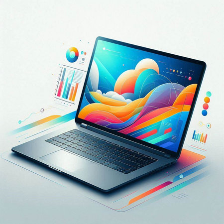 Laptop with colorful business graphics on the white background. Vector illustrationのイラスト素材