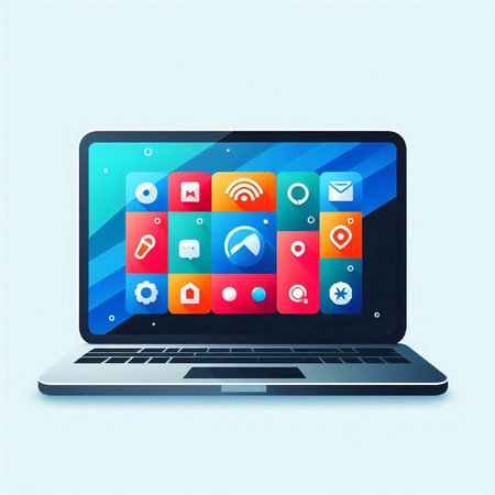 Laptop with colorful application icons on the screen. Vector illustration.のイラスト素材