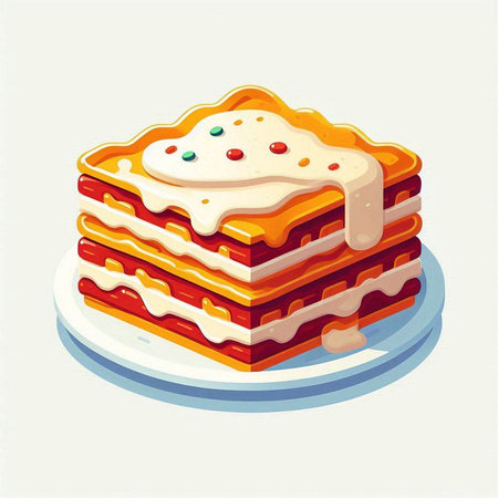 Illustration of a stack of lasagna on a white plate.のイラスト素材