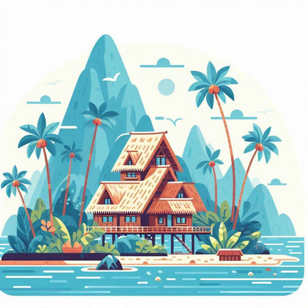 Wooden house on tropical island with palm trees. Vector illustration.のイラスト素材