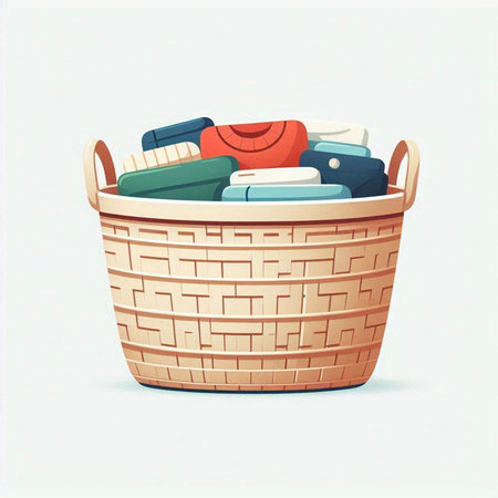 Illustration of a wicker basket full of clothes on a white backgroundのイラスト素材