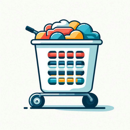 Shopping cart full of products. Vector illustration in cartoon style.のイラスト素材