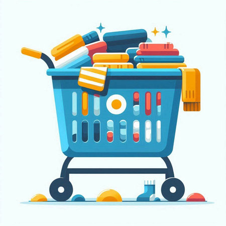 Shopping cart full of cleaning products. Vector illustration in cartoon styleのイラスト素材