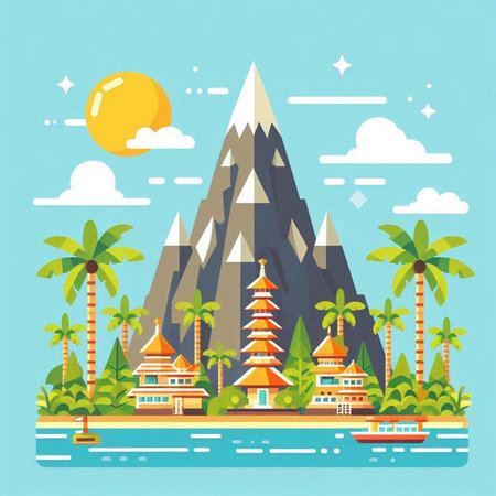 Flat design vector illustration concept of travel and vacation. Landscape with mountains, palm trees, bungalows, pagoda and sea.のイラスト素材