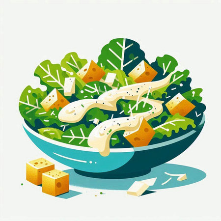 Salad with cheese and lettuce in a bowl. Vector illustration.のイラスト素材