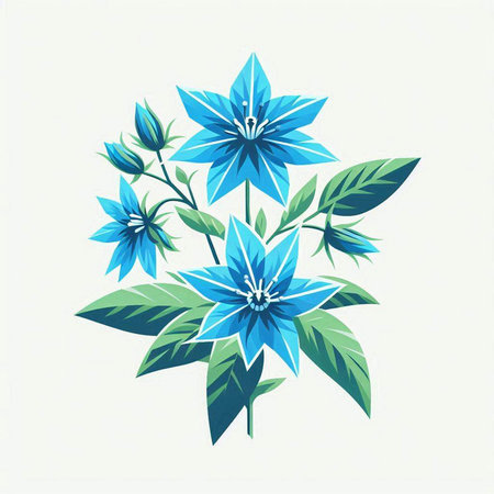 Blue flowers with green leaves isolated on white background. Vector illustration.のイラスト素材