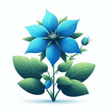 Blue flower with green leaves isolated on white background. Vector illustration.のイラスト素材