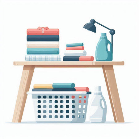 Laundry basket with cleaning products. Vector illustration in cartoon styleのイラスト素材