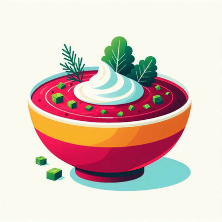 Bowl of red borscht with sour cream and greens. Vector illustration.のイラスト素材