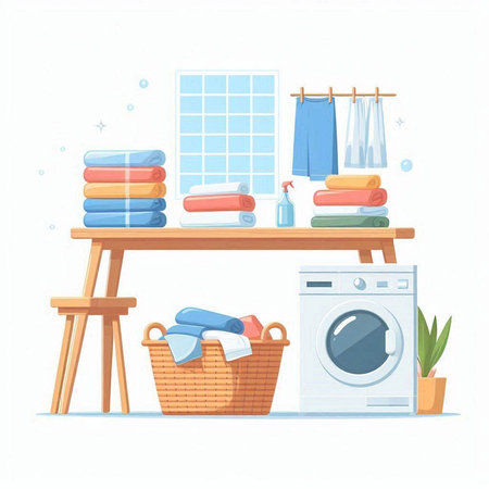 Laundry room interior with washing machine, basket with towels, basket with towels and detergents. Vector illustrationのイラスト素材