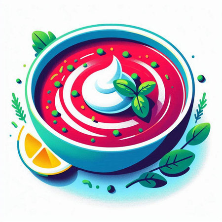 Vector illustration of tomato soup with mint and lemon on a white backgroundのイラスト素材