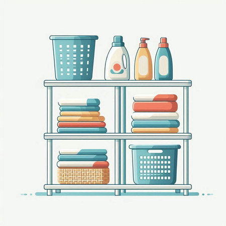 Illustration of a shelf with laundry detergents and towels.のイラスト素材