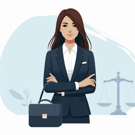 business woman with briefcase and scales of justice, vector illustration.のイラスト素材