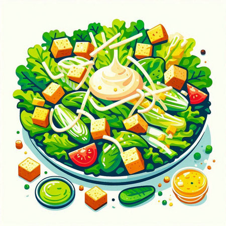 Illustration of salad with cheese, tomato, cucumber and lettuceのイラスト素材
