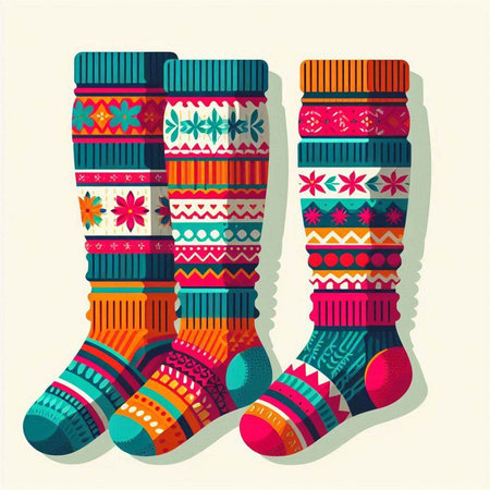 Colorful Christmas socks with ethnic pattern. Vector illustration in retro style.のイラスト素材