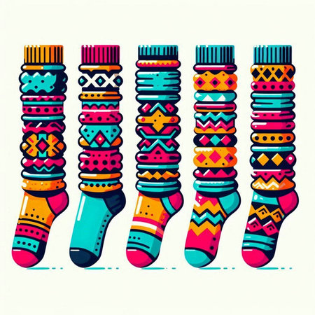 Set of multicolored socks with tribal ornaments. Vector illustration.のイラスト素材