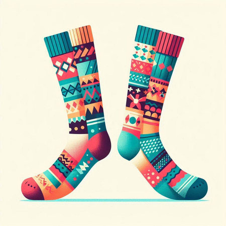 Vector illustration of colorful socks with geometric ornaments on light backgroundのイラスト素材