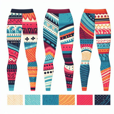 Vector set of women's sports leggings with colorful pattern.のイラスト素材