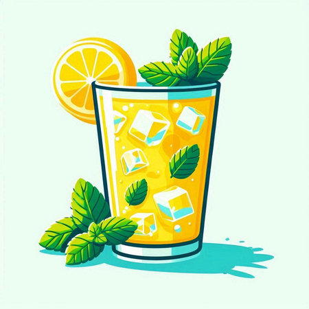 Lemonade with ice and mint on a light background. Vector illustrationのイラスト素材
