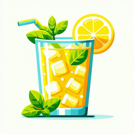 Glass of lemonade with ice and mint leaves. Vector illustration.のイラスト素材