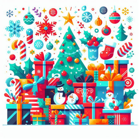 Vector illustration of Christmas background with presents, snowman and christmas treeのイラスト素材